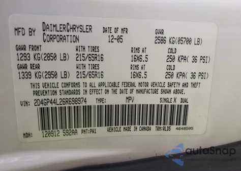 2006 Dodge Grand Caravan Sxt z USA, uszkodzony, nr VIN 2D4GP44L26R698974